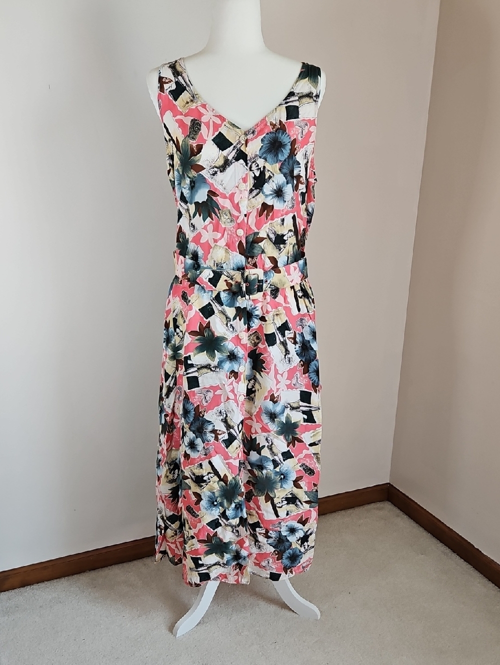Vintage Carol Anderson Maxi Sleeveless Shirt Dress Tropical Vacation Print SZ16